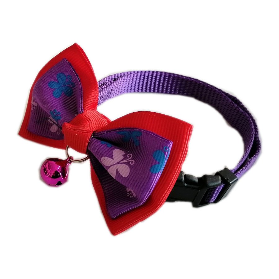 Desenli Papyonlu Kedi Boyun Tasması 23-32 cm Mor Kırmızı Kelebekli
