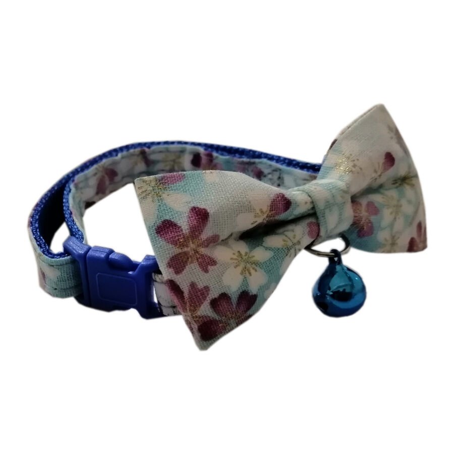 Renkli Çanlı Papayonlu Kedi Boyun Tasması 32 cm Mavi Beyaz