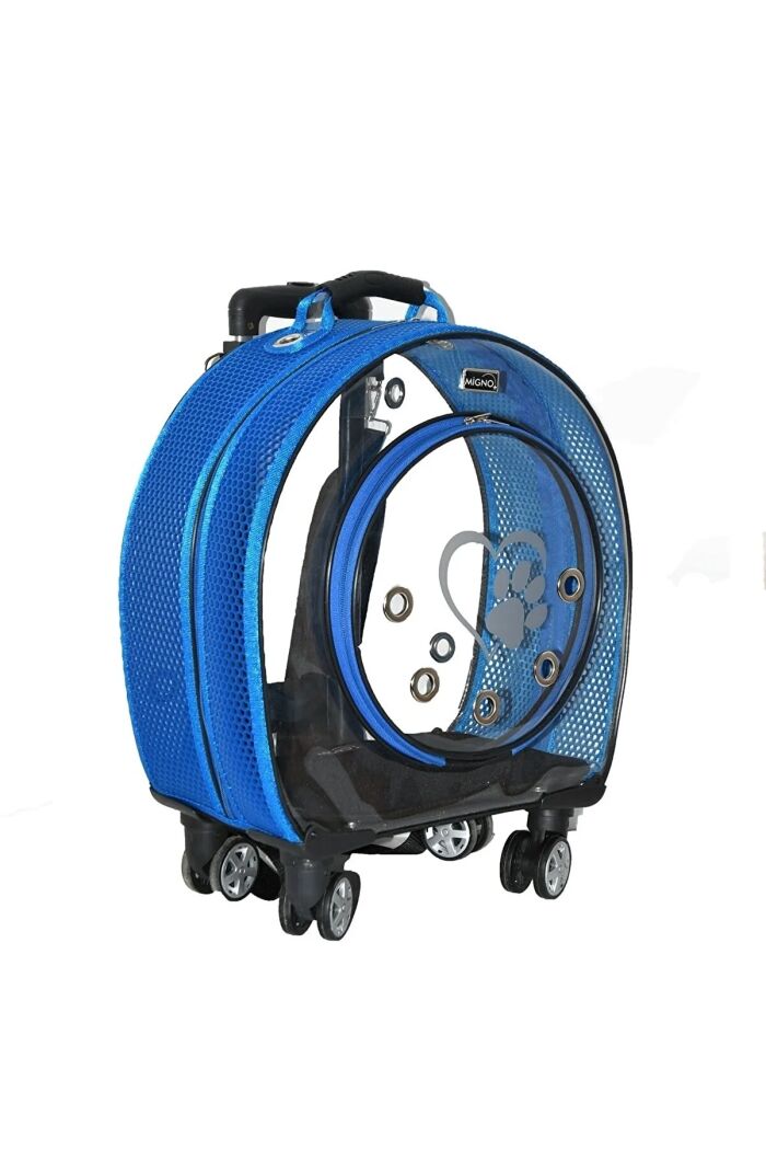 Markapet Fileli Tekerlekli Kedi Köpek Taşıma Çantası 42 x 40 x 22 cm Mavi 15 kg