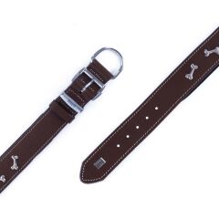 Doggie Gerçek Deriden El Yapımı Kemik Süslü Köpek Boyun Tasması 4x52-60 cm Kahverengi