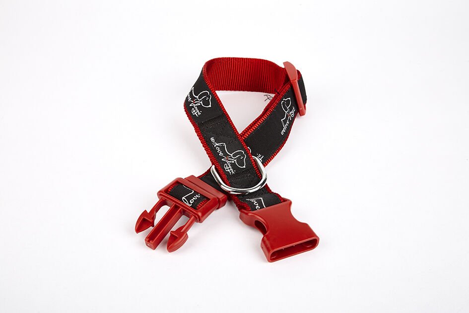 Doggie Desenli Süslü Dokuma Köpek Boyun Tasması 1,5 x 25-40 cm Kırmızı