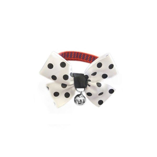 Papyonlu Kedi Tasması Max:27 cm-Min:19 cm Puantiyeli Beyaz