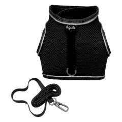 Çift Kilitli Sportif Kedi Köpek Göğüs Tasma Seti 32-40 cm Medium Siyah
