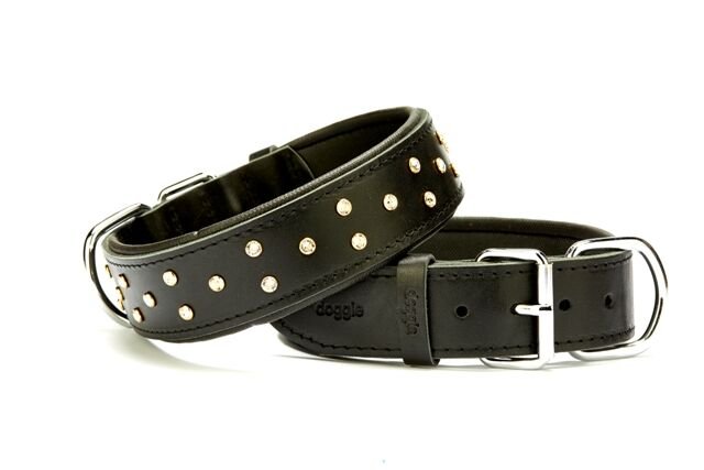 Doggie Konforlu Deri Swarovski Kristal Taşlı Köpek Boyun Tasması 4 x 54-63 cm Siyah