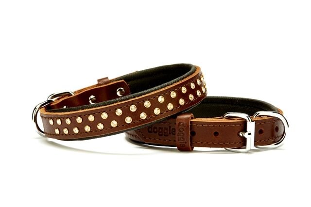 Doggie Konforlu Deri Swarovski Kristal Taşlı Köpek Boyun Tasması 2 x 32-39 cm Kahverengi