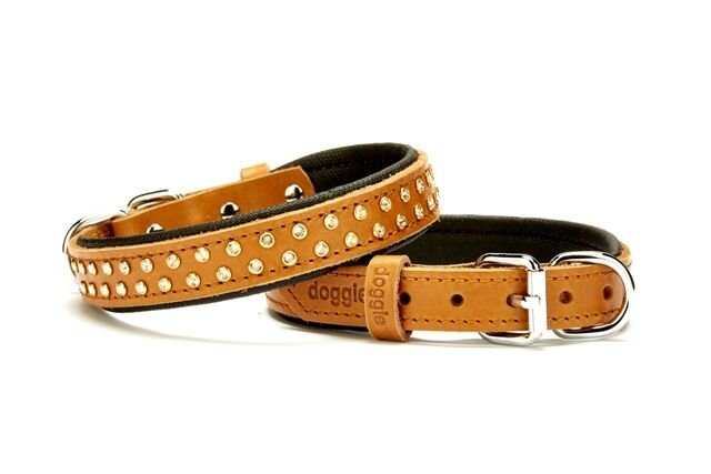 Doggie Konforlu Deri Swarovski Kristal Taşlı Köpek Boyun Tasması 2 x 32-39 cm Kamel