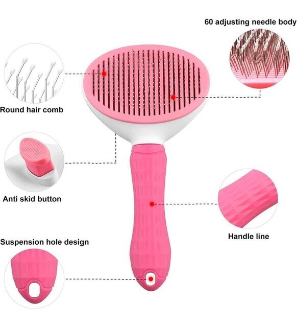 Karamel Pet Kendini Temizleyen Tuşlu Kedi & Köpek Tarağı – Pembe (10×20 cm)