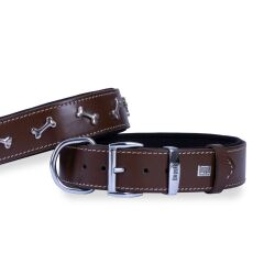Doggie Gerçek Deriden El Yapımı Kemik Süslü Köpek Boyun Tasması 4x52-60 cm Kahverengi