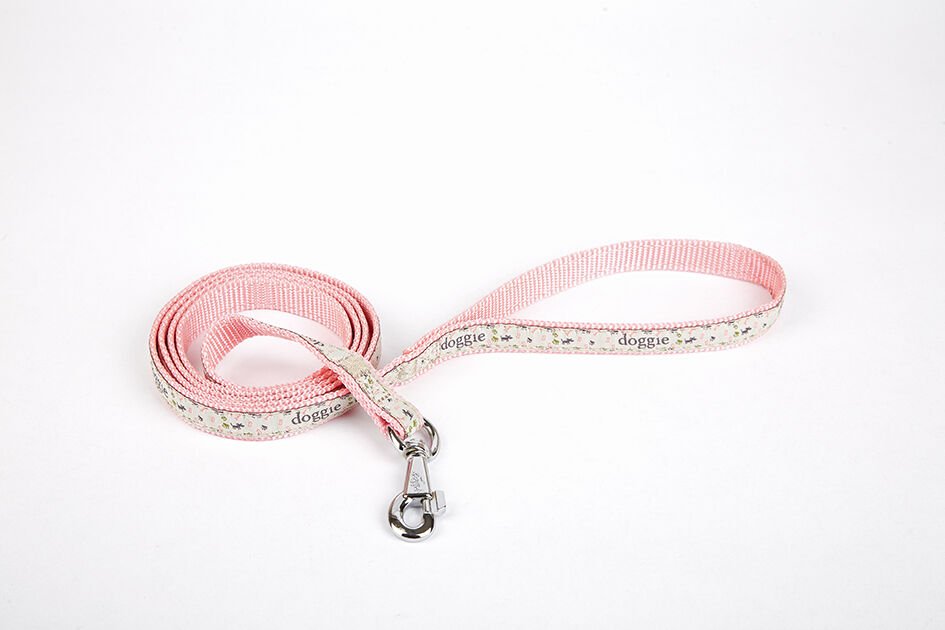 Doggie Desenli Süslü Dokuma Köpek Gezdirme Kayışı  El Yapımı 1,5 x 160 cm Pembe