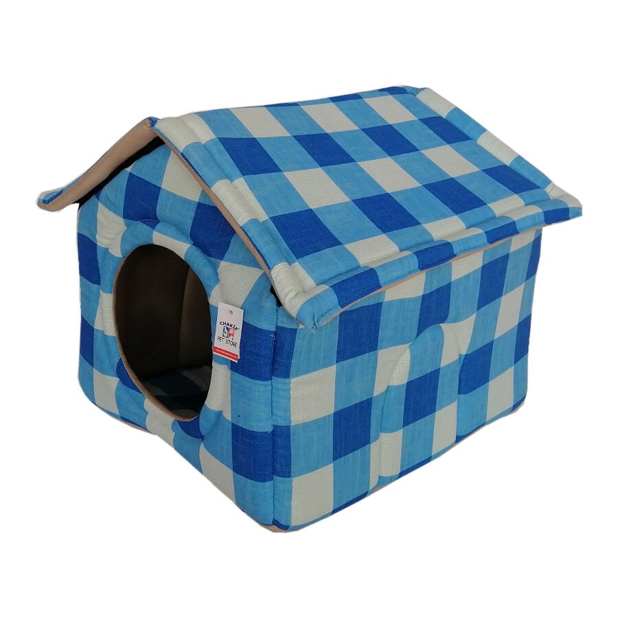 ANS Sünger Çatılı Kedi Köpek Kulübesi ø 45*50*60 cm Mavi Kareli