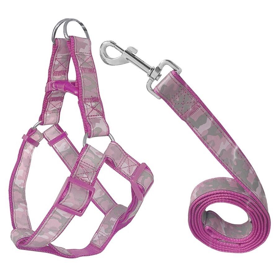 Köpek Göğüs Tasma Seti Reflektörlü Kamuflaj Desenli 120 cm-40 cm-56 cm Pembe Outlet