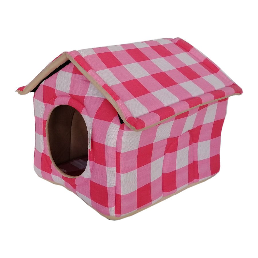 ANS Sünger Çatılı Kedi Köpek Kulübesi ø 45*50*60 cm Pembe Kareli