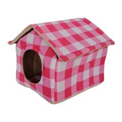 ANS Sünger Çatılı Kedi Köpek Kulübesi ø 45*50*60 cm Pembe Kareli