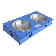 Ahşap Sehpalı İkili Devrilmez Kedi Köpek Su Ve Mama Kabı 34 cm - 300 ml Mavi