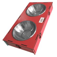 Ahşap Sehpalı İkili Devrilmez Kedi Köpek Su Ve Mama Kabı 34 cm - 300 ml Kırmızı
