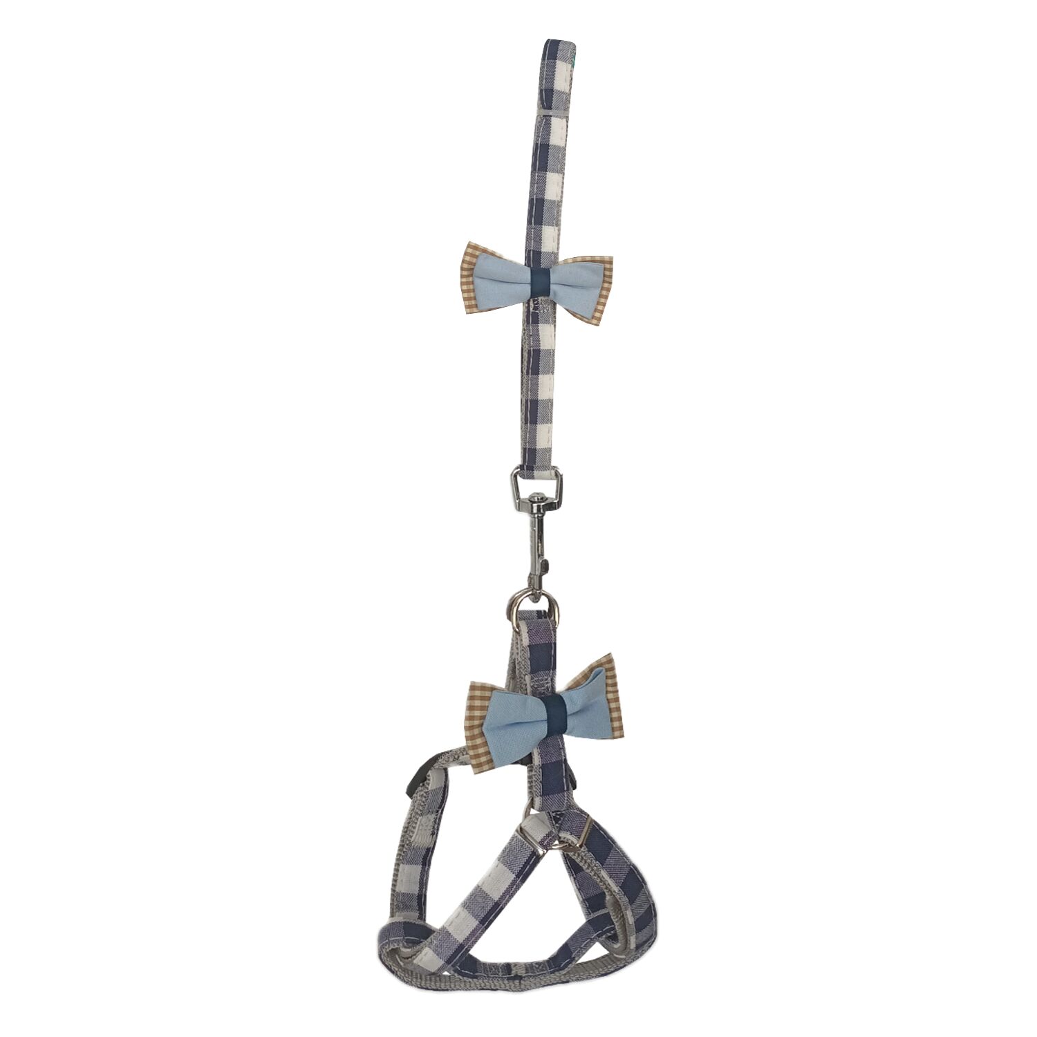 Köpek Göğüs Tasma Seti Ekose Desenli Papyonlu 1.5 cm*35-48 cm Mavi