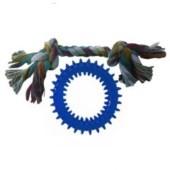 Köpek Diş Bakım Oyuncağı Simit 9 cm Ve Örgü Halat 18 cm Mavi