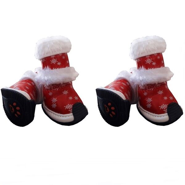 Kar Desenli Bağlamalı Köpek Ayakkabısı 4'lü Set 4,5-7 cm Kırmızı