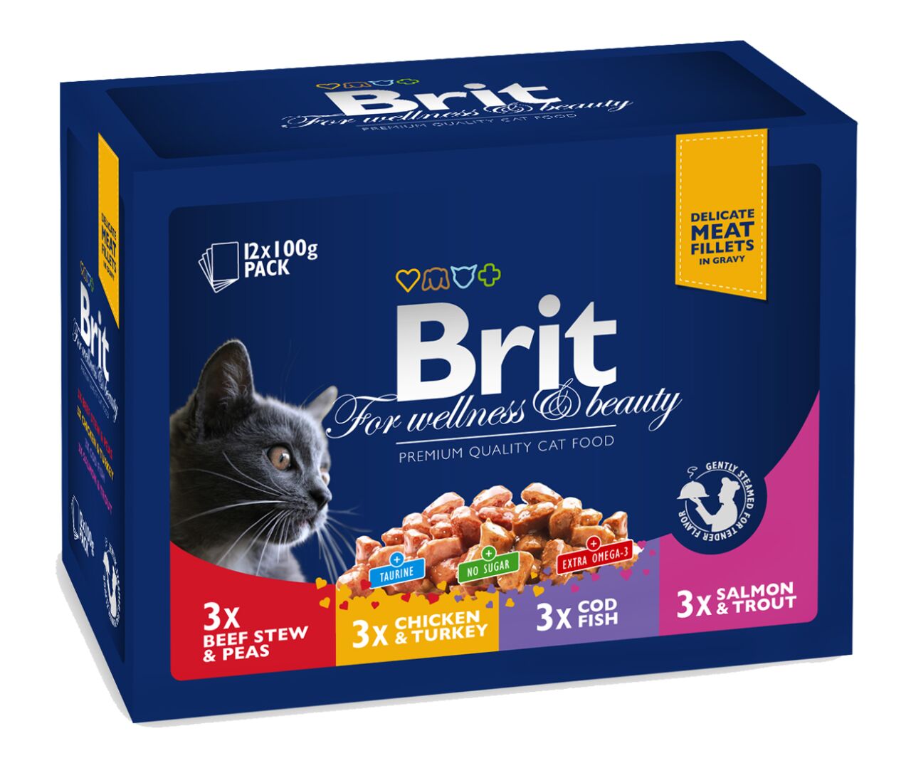 Brit Premium Pouch Biftek, Tavuk ve Balıklı Çeşitler 12X100 Gr