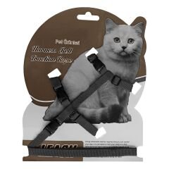 Gezdirme Kayışlı Dokuma Kedi Göğüs Tasma Seti 20*32-120 cm Siyah