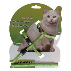 Kılçık Desenli Dokuma Kedi Göğüs Tasma Seti 20*32-120 cm Yeşil