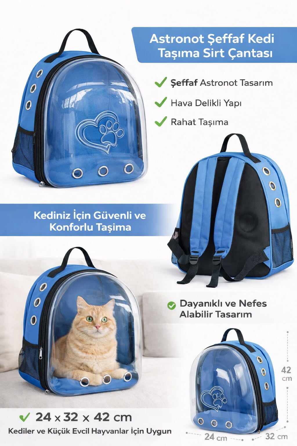 KP Kalpli Patili Astronot Şeffaf Taşıma Sırt Çantası Mavi 24x32x42 cm