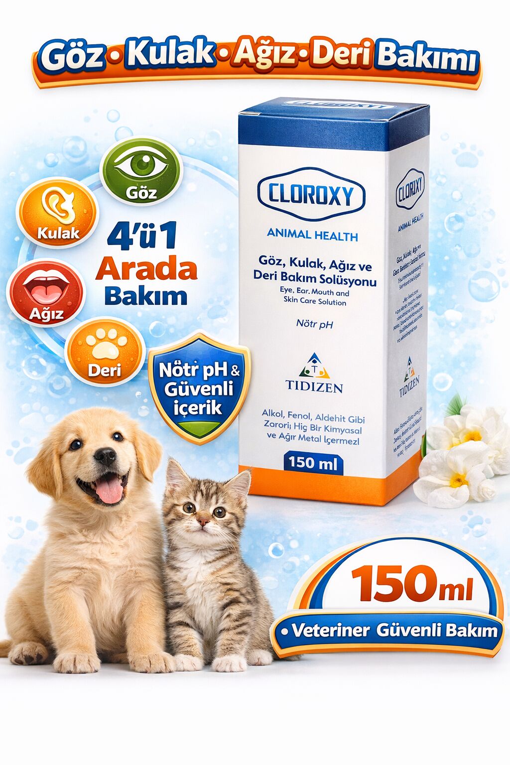 Cloroxy Kedi Köpek Göz Kulak Ağız ve Deri Bakım Solüsyonu 150 ml – Antiseptik Bakım Solüsyonu