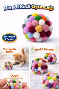 Renkli Ponpon Kedi Oyuncak Topu 7 cm  ( 2 Adet ) – Yumuşak Sessiz Kedi Oyun Topu