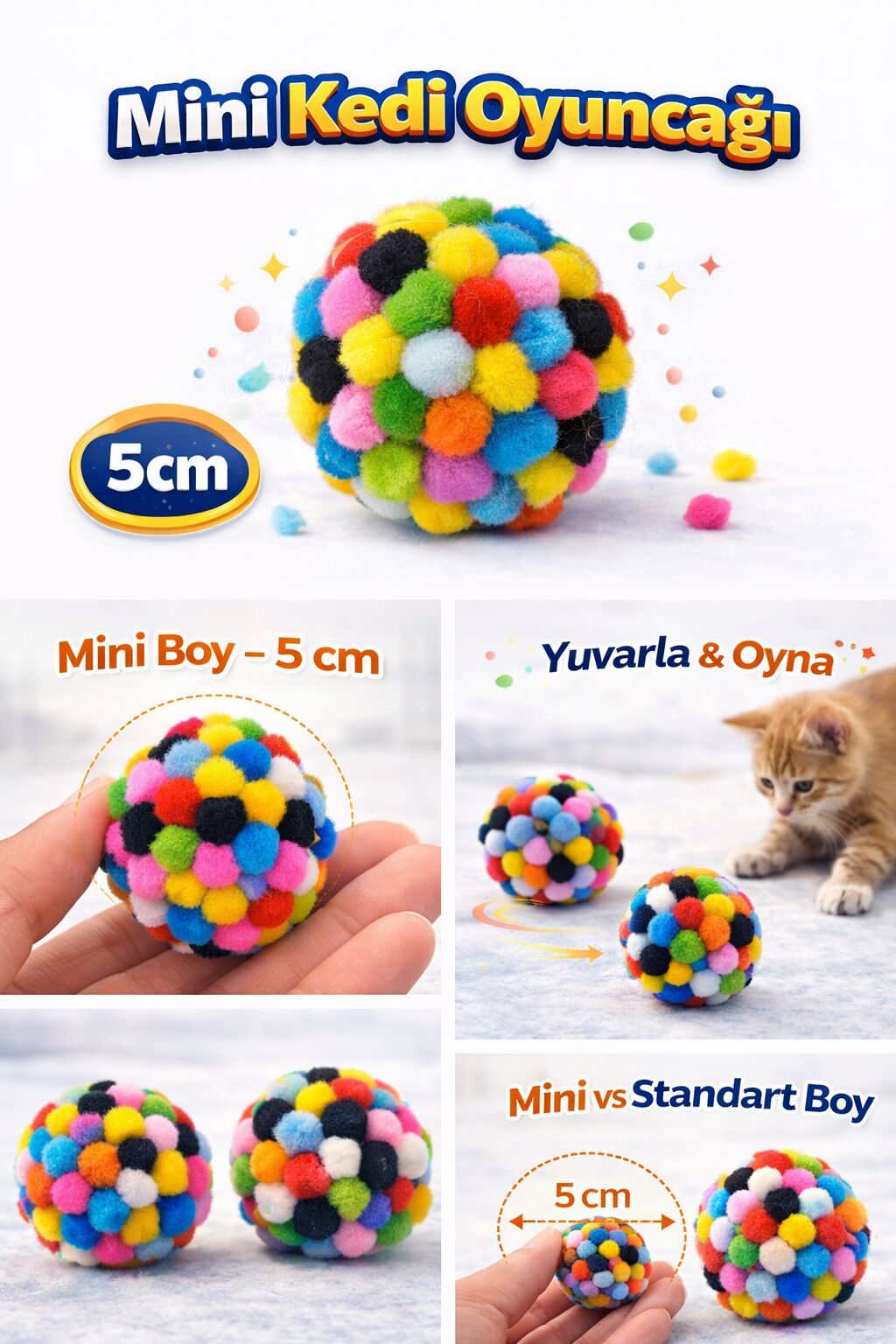 Mini Ponpon Kedi Oyuncak Topu 5 cm ( 2 Adet ) – Yumuşak Renkli Sessiz Kedi Oyun Topu